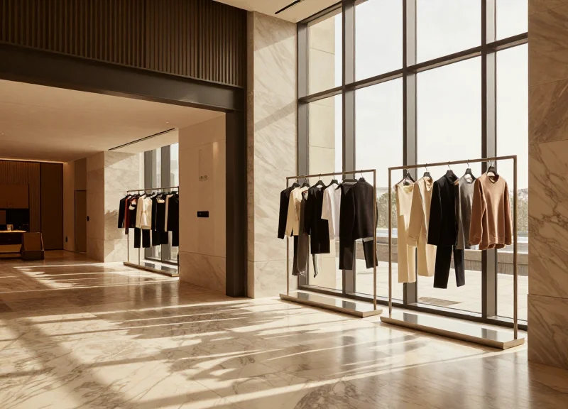 A luxury boutique interior with high-end fashion displays and no visible security antennas at the entrance.