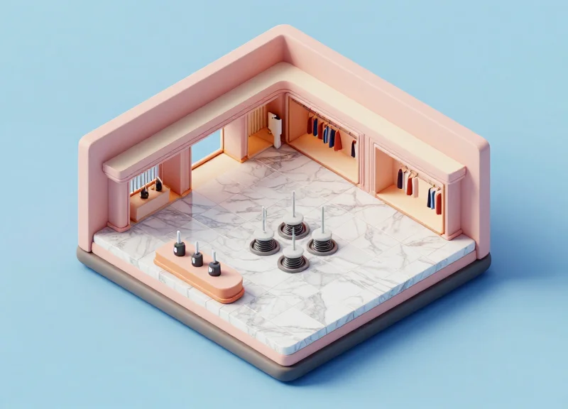 3D isometric view of a store floor cross-section showing hidden EAS antennas.