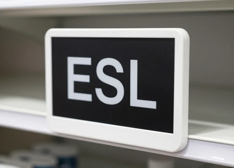 A modern electronic shelf label displaying a digital price on a store shelf.