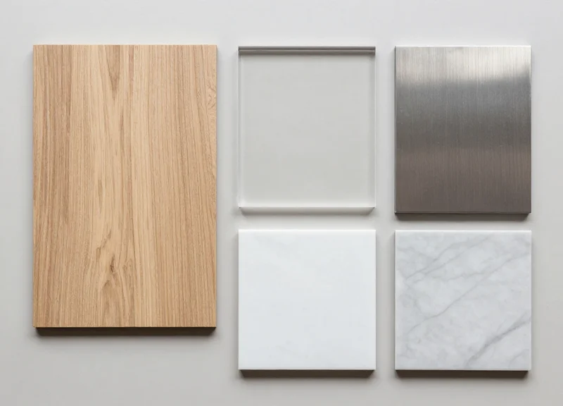Collection of luxury millwork material samples including wood, glass, and stone.