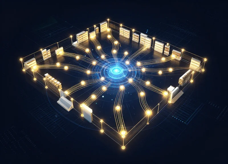 Abstract data visualization showing glowing nodes and light trails flowing from luxury products to a central hub.