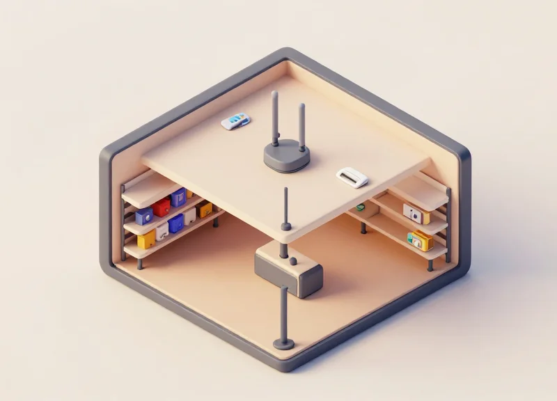 3D cross-section of a retail store showing the installation of invisible RFID and overhead systems.