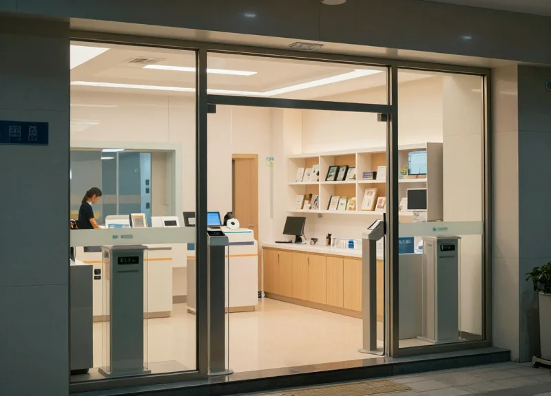A modern and clean hospital gift shop entrance featuring discreet security pedestals and professional interior design.