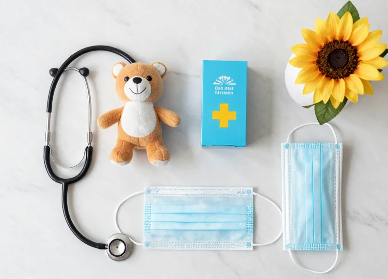 A flat lay arrangement of various hospital gift shop items including a stethoscope, a plush toy, and boxed medical supplies.