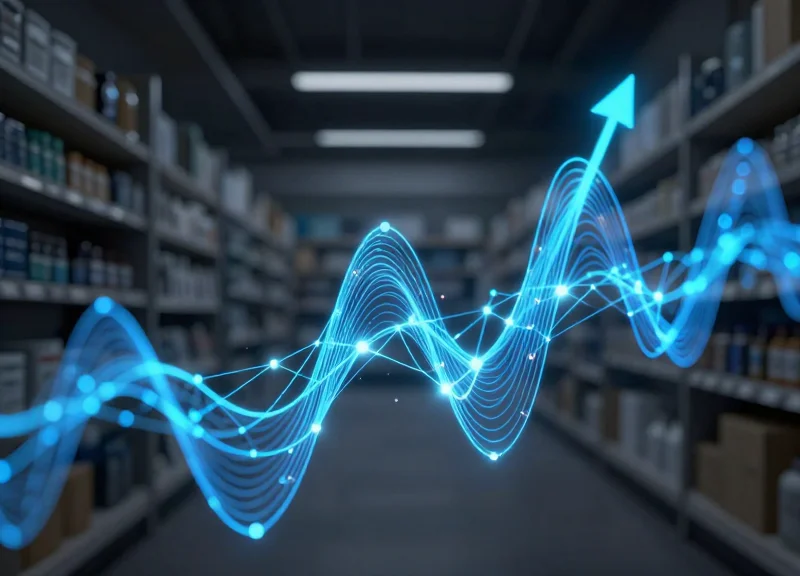 Abstract digital representation of RFID technology as glowing data streams and nodes.