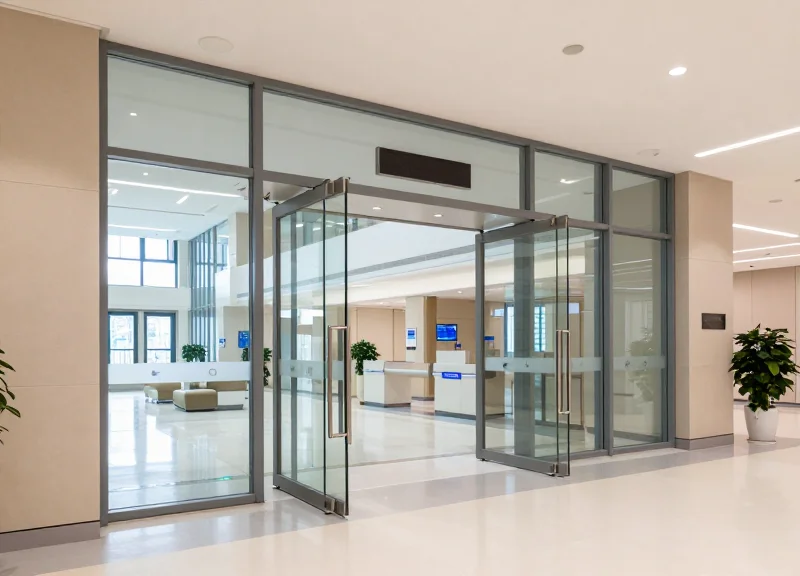 Minimalist security gates seamlessly integrated into the modern architecture of a hospital lobby.