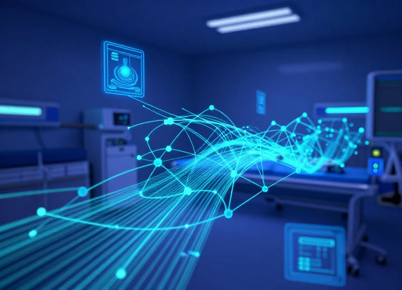 Futuristic conceptual art of smart asset tracking technology for hospitals.