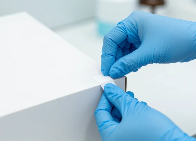 A person in medical gloves applying a security label to the corner of a product box