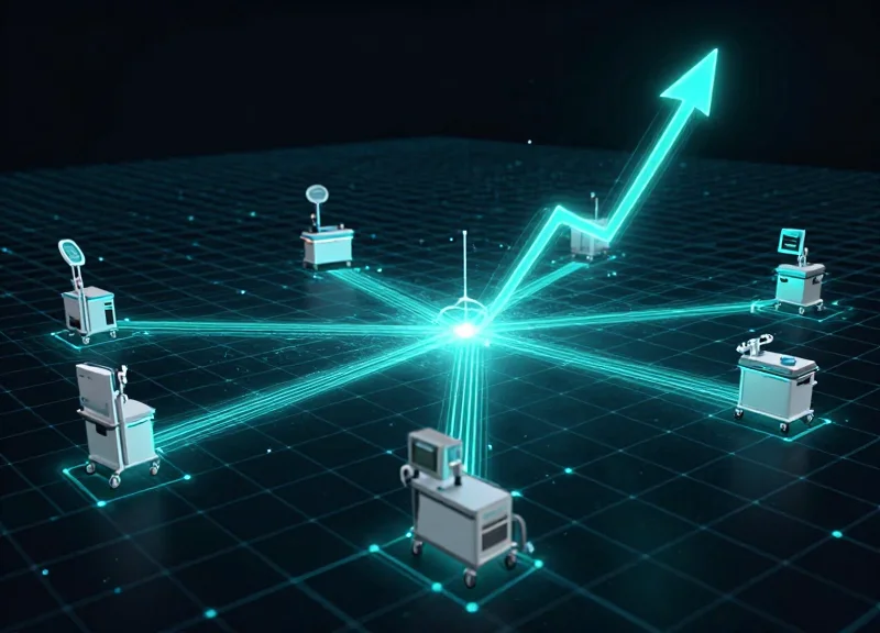 Abstract digital network showing real-time tracking of medical assets within a hospital grid.