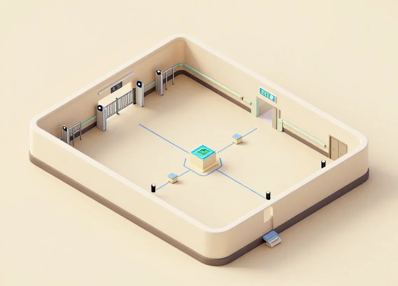 Isometric hospital floor plan layout showing strategic sensor placement for asset security.