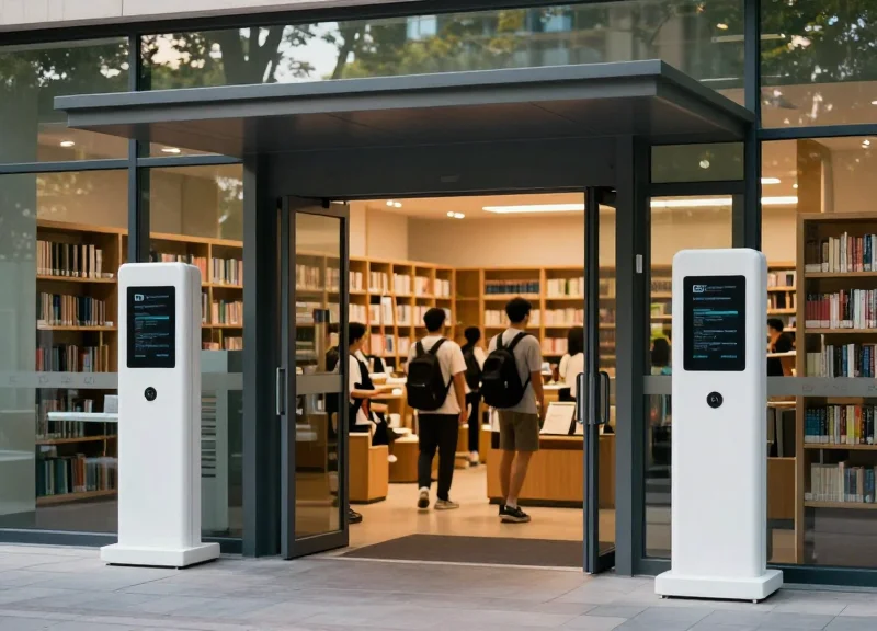 A modern university campus bookstore with sleek security pedestals at the entrance and students in the background.