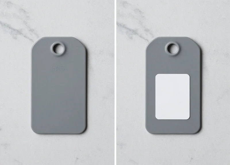 Side-by-side comparison of a traditional hard EAS security tag and a modern RFID sticker tag.