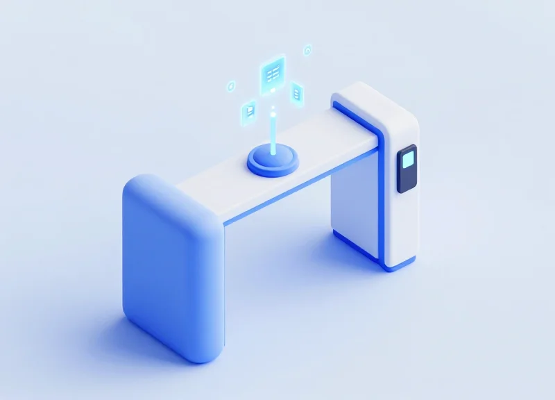Isometric 3D model showing a store entrance gate connected to a cloud server via glowing digital lines.