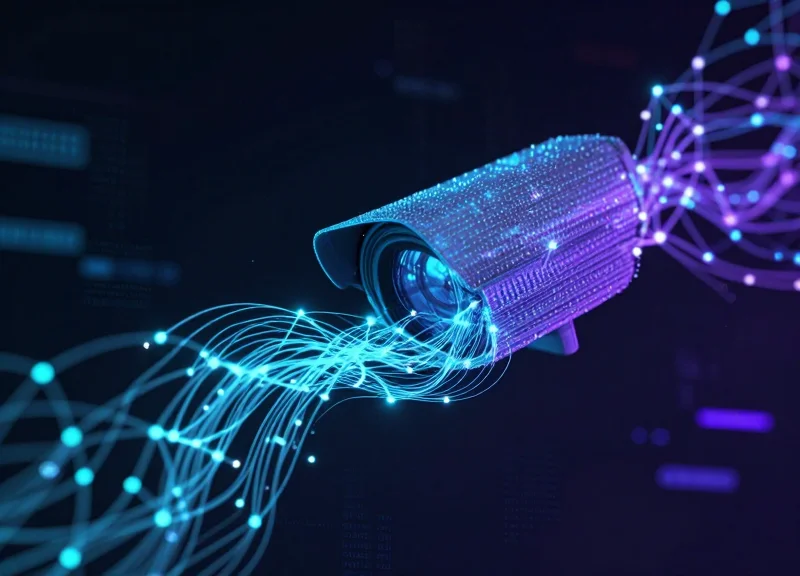 Abstract visualization of AI surveillance using glowing nodes and digital connection paths.