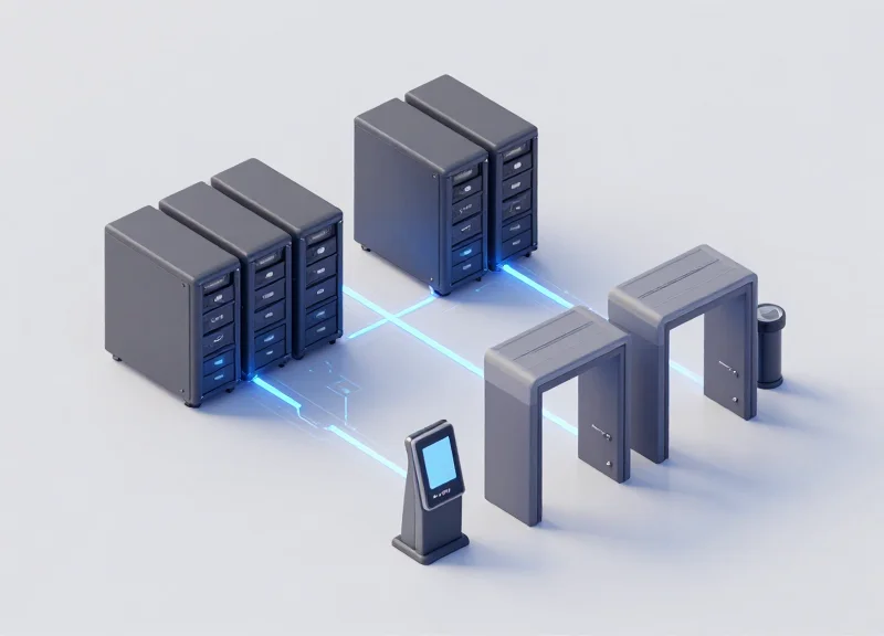 Isometric 3D illustration of an integrated security technology stack featuring servers and security gates connected by glowing digital lines.