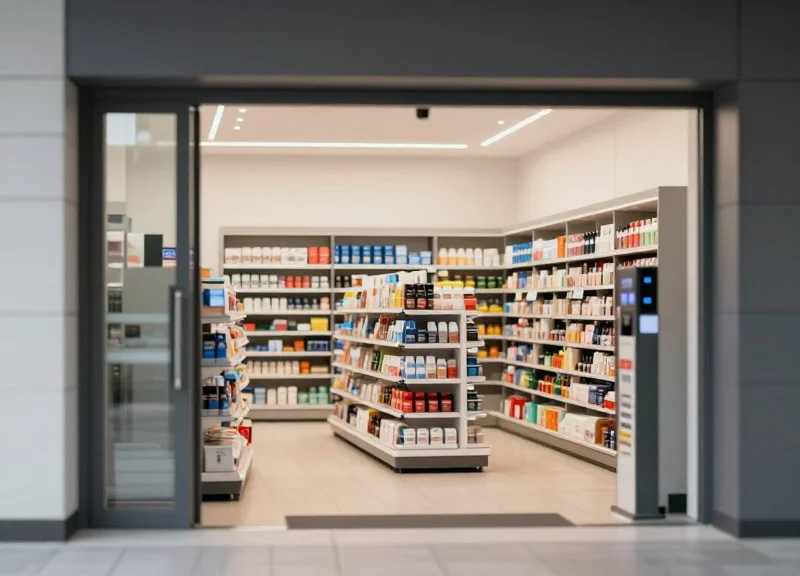 A modern corporate staff store with high-tech shelving and a secure entrance gate.
