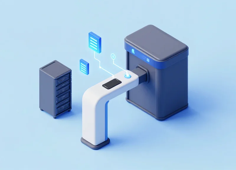 Isometric 3D illustration of an identity-linked EAS system with a gate connected to a digital identity cloud.