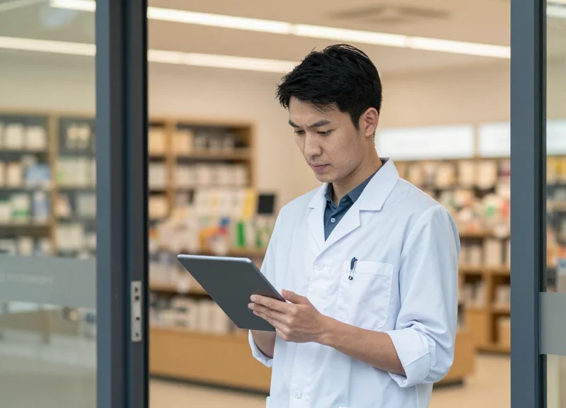 A campus staff member reviewing security alerts on a tablet in a modern store setting.