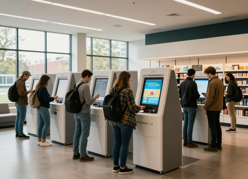 A modern, high-tech campus retail store with students shopping and using automated self-checkout systems, bright and airy environment.