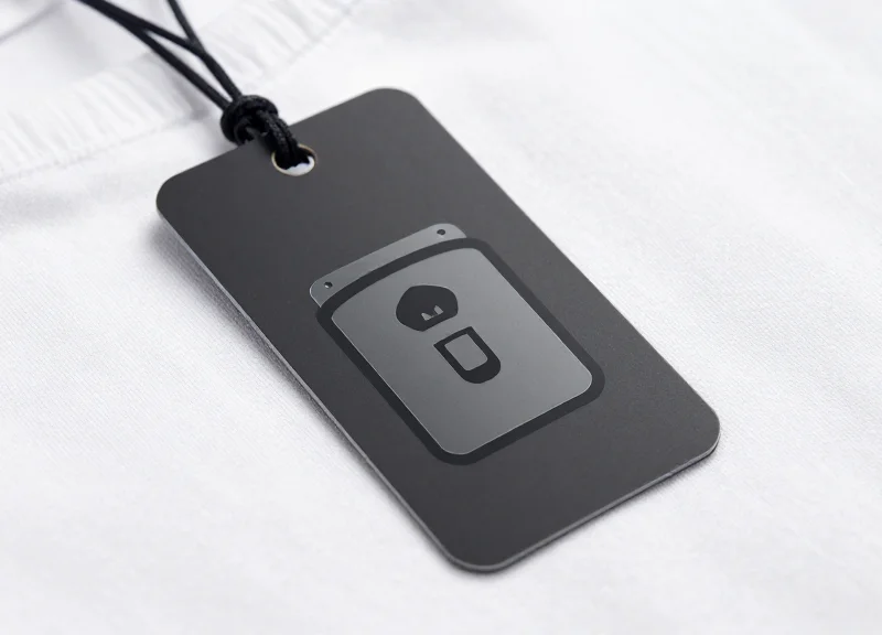 A close-up view of a high-tech hybrid security tag attached to a clothing item.