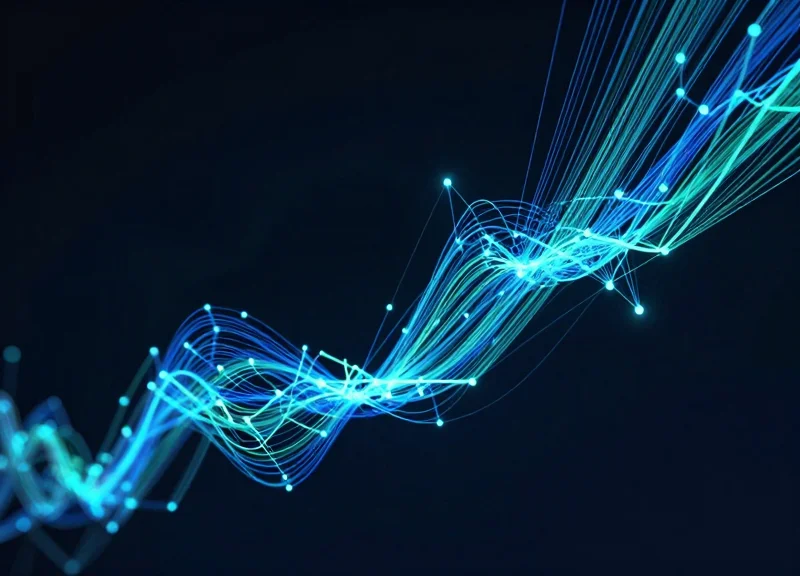 Abstract visualization of digital inventory data flowing from a retail shelf to a central cloud network.