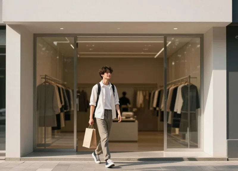 A student walking out of a shop through a wide, invisible security gate, feeling relaxed and happy.