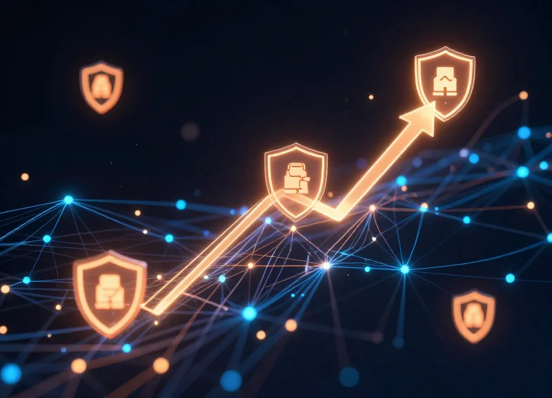 Abstract visualization of pet retail security data with glowing shield icons and rising profit trends.