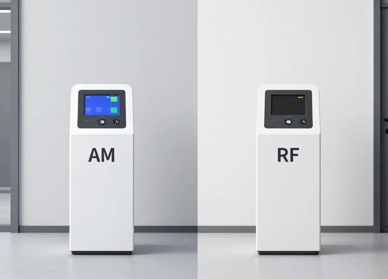Side-by-side comparison of AM and RF security pedestals for a pet store entrance.
