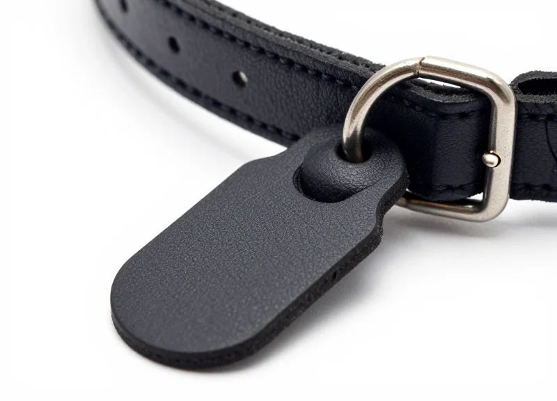 Close-up of a non-damaging security tag attached to a high-end leather dog collar.