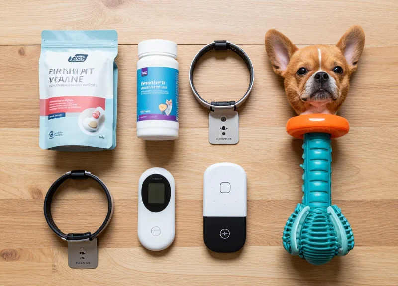 Flat lay of high-value pet products with various security tagging solutions.