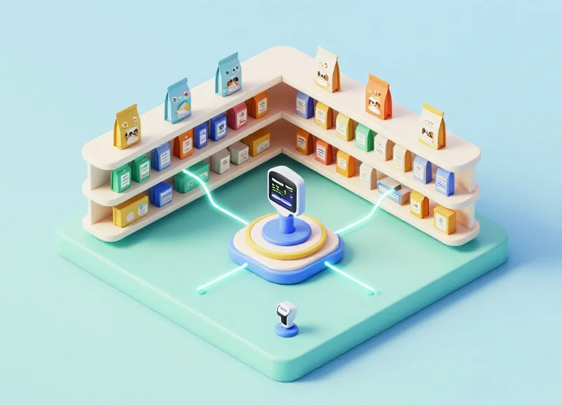 Isometric view of a smart pet store system showing RFID and EAS data integration.