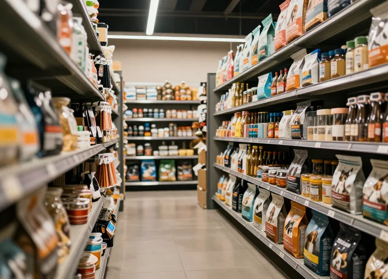 Wide shot of a modern pet store aisle with high-end pet food products displayed on shelves.