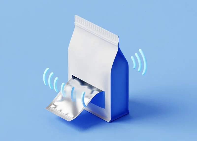 Isometric 3D model showing a security signal successfully passing through a foil-lined pet food bag.
