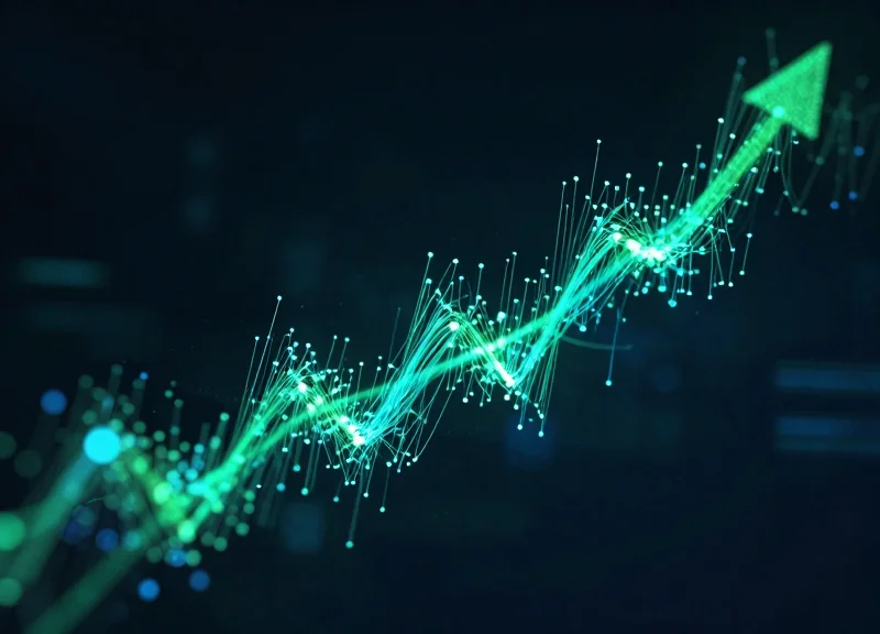 Abstract visualization of rising profit margins and declining losses through glowing data lines.
