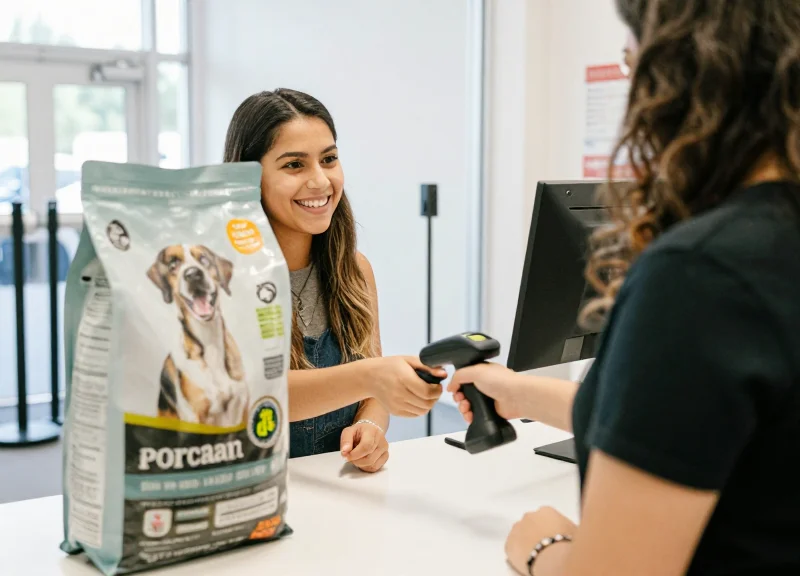 A customer comfortably checking out with a large bag of pet food, showing a seamless shopping experience.