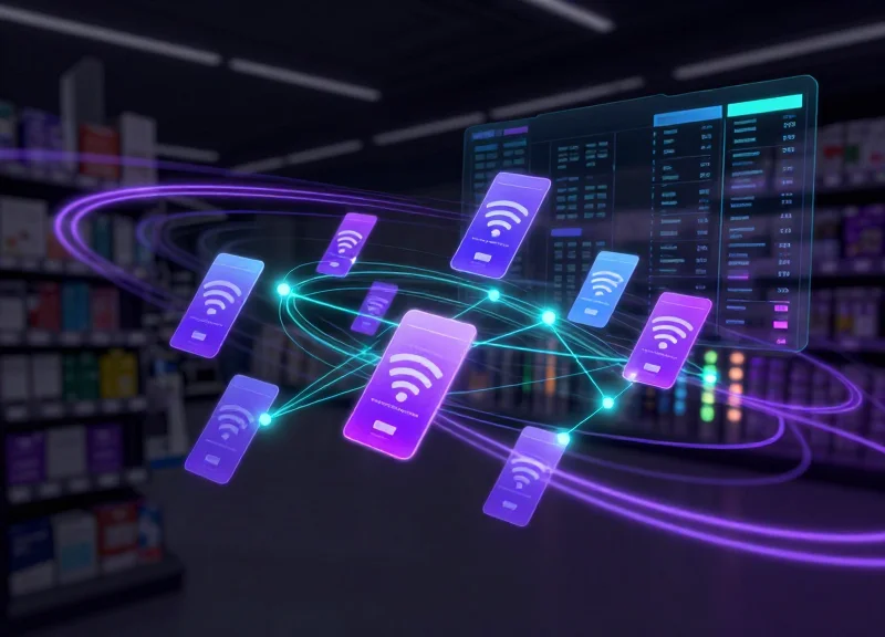 Conceptual image of a futuristic pet store inventory system using digital RFID tracking.