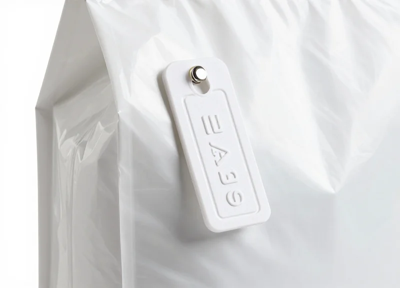 Close-up of a high-performance EAS security tag attached to a large bag of pet food.