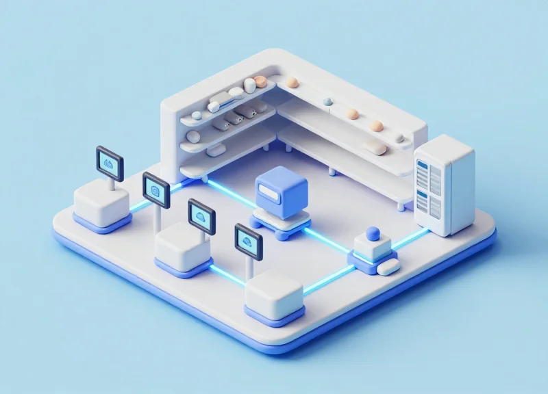 Isometric view of a connected smart pet store ecosystem showing EAS gates, ESL tags, and cloud sensors.