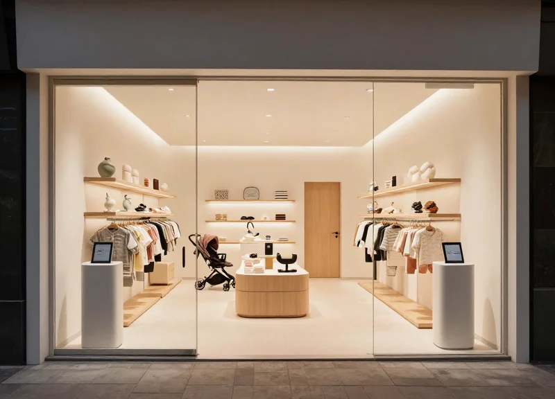 A modern and bright high-end baby boutique entrance with sleek, subtle security pedestals and soft interior lighting.