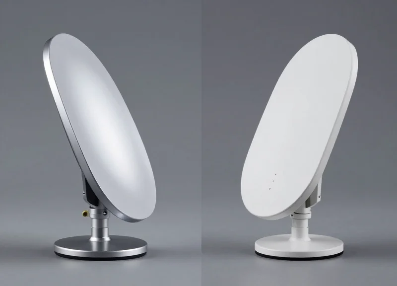 Side-by-side comparison of two different types of EAS security antennas: a slim metallic AM pedestal and a classic RF pedestal.