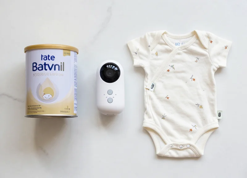 A neat arrangement of high-value baby products including formula tins, a smart monitor, and baby clothing with security tags.