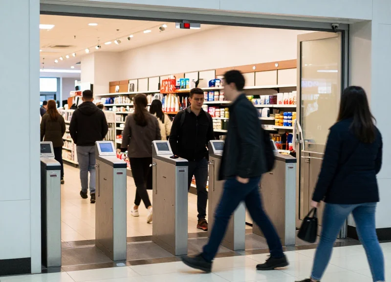 Busy retail environment with high foot traffic near security pedestals.