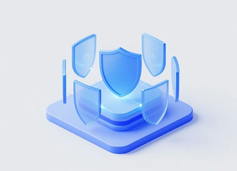 Isometric 3D model representing a multi-layered security system for retail protection.