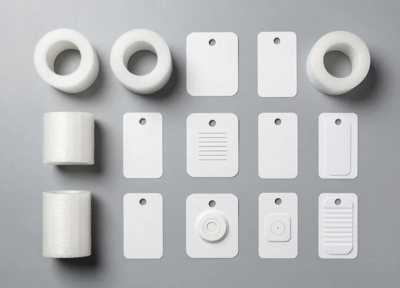 Organized collection of retail security hardware including tags and spider wraps.