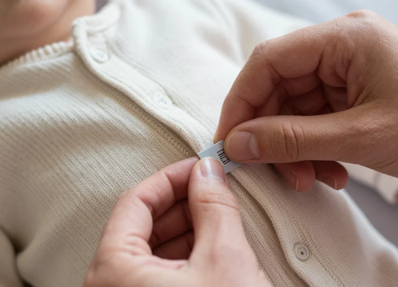 A close-up of a hand carefully attaching a security tag to the interior seam of a baby garment.