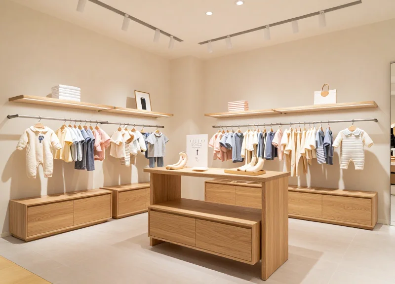 Wide shot of a luxury baby clothing boutique interior with high-end displays.