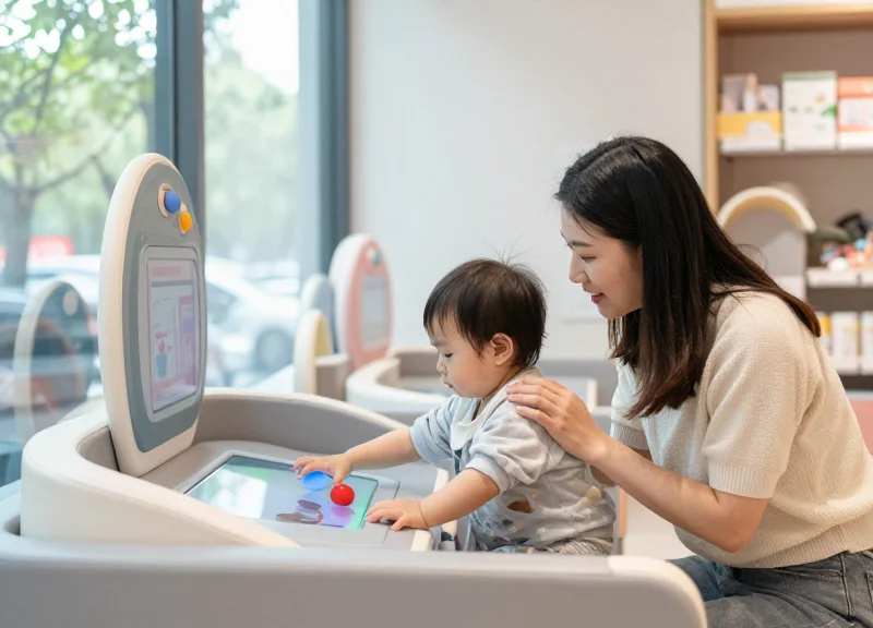 A mother and toddler interacting in a modern, technology-enhanced baby store play area.