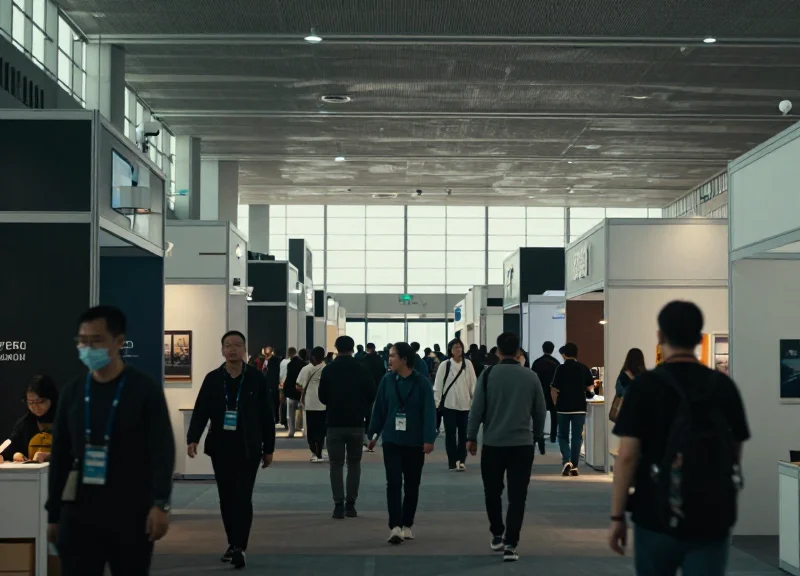 A wide shot of a bustling exhibition hall with numerous booths and security pedestals at the entrances.