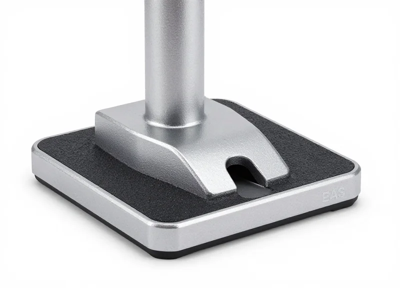 A heavy-duty metal mounting base for an EAS pedestal designed to be used without floor drilling.