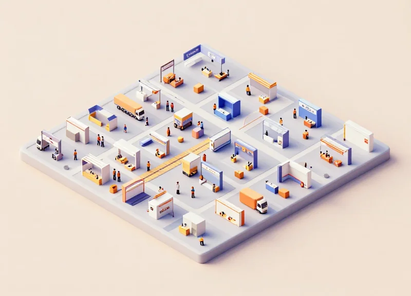 Isometric 3D model of an exhibition hall floor with many booths being equipped with security systems simultaneously.